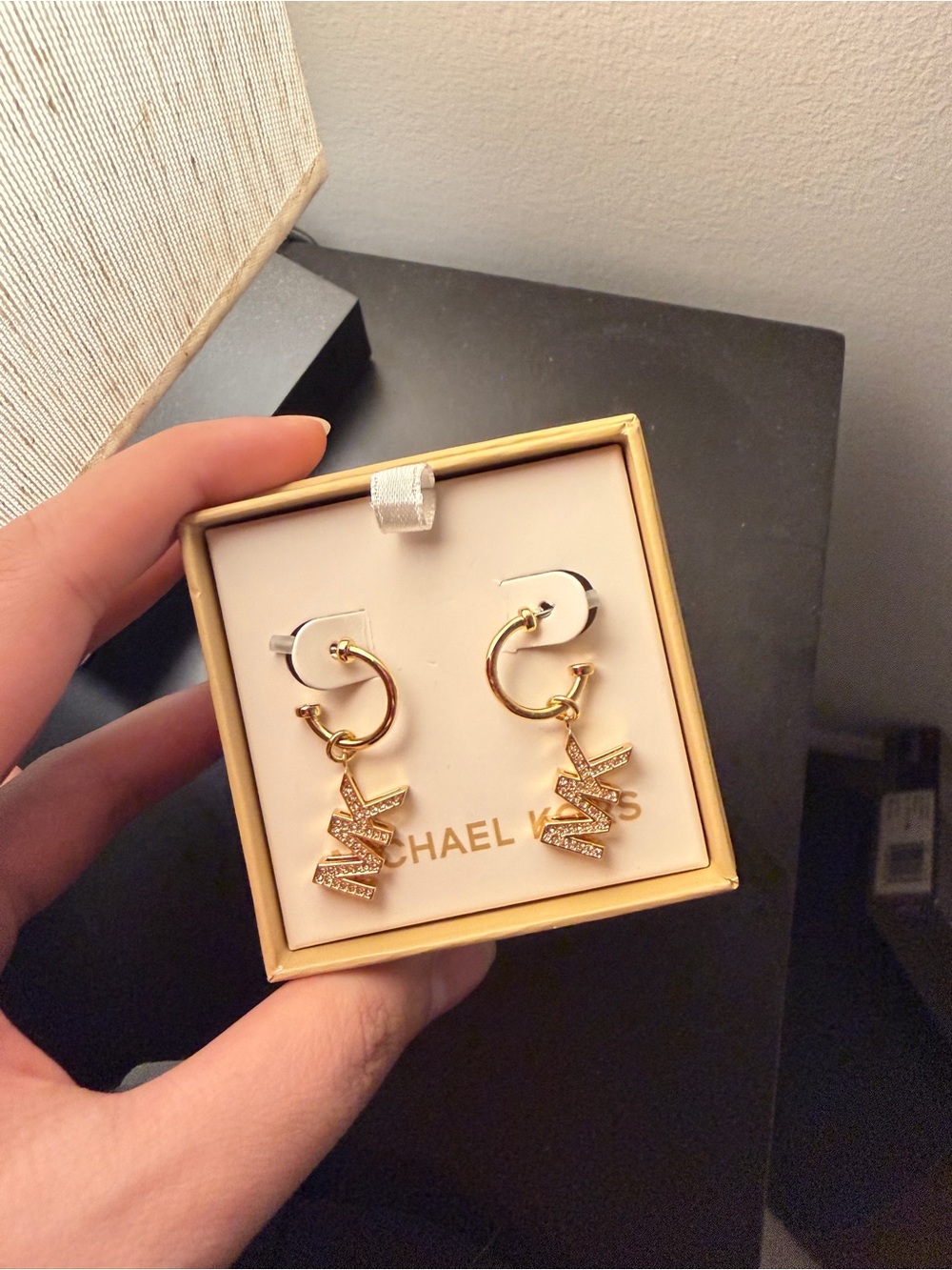Michael Kors Gold MK Pavé Letter Drop Hoop Earrings